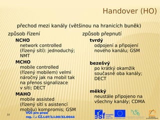 Handover (HO)
     přechod mezi kanály (většinou na hranicích buněk)
způsob řízení                               způsob přepnutí
     NCHO                                     tvrdý
      network controlled                        odpojení a připojení
      (řízený sítí): jednoduchý;                nového kanálu; GSM
      NMT
     MCHO                                     bezešvý
      mobile controlled                        po krátký okamžik
      (řízený mobilem) velmi                   současně oba kanály;
      náročný jak na mobil tak                 DECT
      na přenos signalizace
      v síti; DECT
                                              měkký
     MAHO
                                               neustále připojeno na
      mobile assisted
                                               všechny kanály; CDMA
      (řízený sítí s asistencí
      mobilu) kompromis; GSM
35
         VOŠ pro praxi
         reg. č .: CZ.1.07/2.1.00/32.0044
 