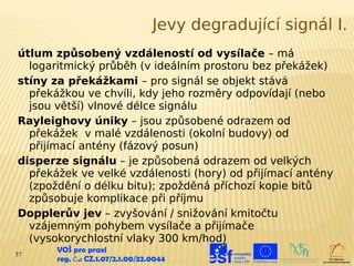 Jevy degradující signál I.
útlum způsobený vzdáleností od vysílače – má
  logaritmický průběh (v ideálním prostoru bez překážek)
stíny za překážkami – pro signál se objekt stává
  překážkou ve chvíli, kdy jeho rozměry odpovídají (nebo
  jsou větší) vlnové délce signálu
Rayleighovy úniky – jsou způsobené odrazem od
  překážek v malé vzdálenosti (okolní budovy) od
  přijímací antény (fázový posun)
disperze signálu – je způsobená odrazem od velkých
  překážek ve velké vzdálenosti (hory) od přijímací antény
  (zpoždění o délku bitu); zpožděná příchozí kopie bitů
  způsobuje komplikace při příjmu
Dopplerův jev – zvyšování / snižování kmitočtu
  vzájemným pohybem vysílače a přijímače
  (vysokorychlostní vlaky 300 km/hod)
37
       VOŠ pro praxi
       reg. č .: CZ.1.07/2.1.00/32.0044
 
