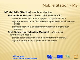 Mobile Station - MS
MS (Mobile Station) - mobilní stanice:
  MS (Mobile Station)- vlastní telefon (terminál)
      zabezpečuje trvalé radiové spojení se systémem BSS
      zajišťuje komunikaci s účastníkem a zprostředkovává realizaci
        služeb
      provádí kódování a dekódování vysílaných a přijímaných
        informací
  SIM (Subscriber Identity Module) – účastnický
    identifikační modul
      přináší nezávislost uživatele na konkrétním terminálu
      zajišťuje autentifikaci a podílí se na šifrování




      VOŠ pro praxi
      reg. č .: CZ.1.07/2.1.00/32.0044
 