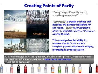 “ Doing things differently leads to something exceptional" "Differently"  is woven in wheat and describes the primary ingredient for the vodka ,  " doing"   is carved from a glacier to depict the purity of the water used in Absolut. This campaign has the ability to increase Absolut's stature as a complete product with brand imagery, leveraging its product quality Creating Points of Parity Current campaign is on the right track, focusing on the product, production process and the key performance attributes of  taste, purity, and heritage .  Keep the ad campaign! 