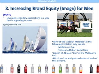 EVENTS Leverage secondary associations in a way that is appealing to men. 3. Increasing Brand Equity (Image) for Men Party at the ‘Absolut Marquee’ at the following invitation only events. Melbourne Cup Sydney to Hobart Yacht Race Launch of Absolut “Cut” at the Melbourne Cup. PR : Press kits and press releases at each of these events. 