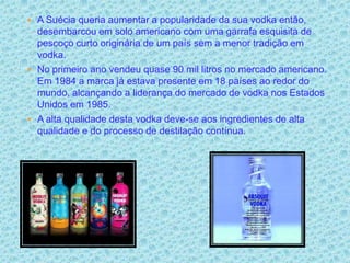  A Suécia queria aumentar a popularidade da sua vodka então,
  desembarcou em solo americano com uma garrafa esquisita de
  pescoço curto originária de um país sem a menor tradição em
  vodka.
 No primeiro ano vendeu quase 90 mil litros no mercado americano.
  Em 1984 a marca já estava presente em 18 países ao redor do
  mundo, alcançando a liderança do mercado de vodka nos Estados
  Unidos em 1985.
 A alta qualidade desta vodka deve-se aos ingredientes de alta
  qualidade e do processo de destilação contínua.
 