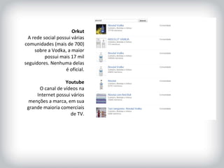 HISTÓRICO DA MARCA Orkut A rede social possui várias comunidades (mais de 700) sobre a Vodka, a maior possui mais 17 mil seguidores. Nenhuma delas é oficial. Youtube O canal de vídeos na Internet possui vários menções a marca, em sua grande maioria comerciais de TV. 