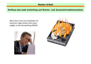 Master-Arbeit

Einfluss des task-switching auf Brems- und Ausweichreaktionszeiten
             task switching     Brems




 Wenn dann noch eine Festplatte mit 
 mehreren Tagen Arbeit ihren Geist 
 aufgibt, ist die Verzweiflung GROSS!
   f b        d          fl
 