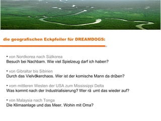 die geografischen Eckpfeiler für DREAMDOGS: von Nordkorea nach Südkorea Besuch bei Nachbarn. Wie viel Spielzeug darf ich haben?   von Gibraltar bis Sibirien Durch das Vielvölkerchaos. Wer ist der komische Mann da drüben?   vom mittleren Westen der USA zum Mississippi Delta Was kommt nach der Industrialisierung? Wer räumt das wieder auf?   von Malaysia nach Tonga Die Klimaanlage und das Meer. Wohin mit Oma? 