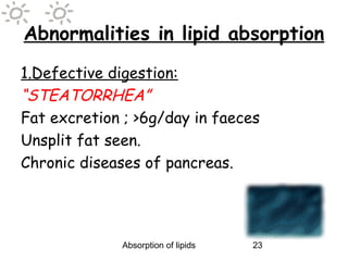 Abnormalities in lipid absorption
1.Defective digestion:
“STEATORRHEA”
Fat excretion ; >6g/day in faeces
Unsplit fat seen.
Chronic diseases of pancreas.




              Absorption of lipids   23
 