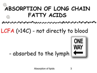 ABSORPTION OF LONG CHAIN
        FATTY ACIDS

LCFA (>14C) - not directly to blood



   - absorbed to the lymph

             Absorption of lipids   3
 