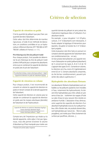 Utilisation des produits absorbants
Guide opérationnel
21
B2
Critères de sélection
Capacité de rétention en poids
C’est la quantité de polluant que peut fixer une
quantité donnée d’absorbant.
Cette valeur doit être déterminée de manière
rigoureuse, à l’aide d’une méthode de labora-
toire, en conditions contrôlées et sur un hydro-
carbure référencé (Normes NTF T90-360 et NTF
T90-361 utilisées en France) (voir A4).
Prix théorique du litre de polluant traité
Pour chaque produit, il est possible de détermi-
ner le prix théorique du litre de polluant traité
(critère d’efficacité pour comparer les absorbants
entre eux) en combinant la capacité de rétention
en poids avec le prix de l’absorbant :
Capacité de rétention en volume
Pour chaque produit, il est recommandé de
convertir en volume la capacité de rétention en
poids en tenant compte de la densité apparente
de l’absorbant.
Cette capacité de rétention en volume peut se
calculer en combinant la capacité de rétention
en poids avec les masses volumiques (densités)
de l’absorbant et de l’hydrocarbure :
Compte tenu de l’imprécision qui réside sur la
densité apparente, cette valeur n’est pas rigou-
reuse, mais elle permet d’estimer le volume
d’absorbant qu’il faut manipuler pour traiter une
quantité donnée de polluant et ainsi prévoir les
implications logistiques liées à l’utilisation d’un
absorbant donné.
Par exemple : si pour récupérer 1 m3
d’hydro-
carbure, 3 m3
d’absorbants sont nécessaires, il
faudra adapter la logistique d’intervention pour
épandre, récupérer et stocker les 3 m3
d’absor-
bant projetés.
Cette évaluation doit être faite en prenant en
compte la densité apparente de l’absorbant dans
son conditionnement (ex. : en sac).
Un bon produit doit présenter une capacité mini-
mum d’absorption en poids (polluant/absorbant)
de 5 concernant les types A, B et C et de 10
s’agissant des types D et E. Convertie en volume,
la rétention est d’au moins 0,5 (généralement
entre 0,5 et 1). Certains absorbants comprimés,
du fait de leur conditionnement, peuvent pré-
senter des valeurs supérieures à 1.
Hydrophobie des absorbants flottants
Les absorbants flottants (hydrophobes) sont uti-
lisables sur les polluants apolaires (non miscibles
à l’eau, notamment les hydrocarbures). Ils doi-
vent être hydrophobes pour être utilisés en pré-
sence d’eau (ex. : traitement de nappes d’huile
sur plan d’eau) et pour pouvoir être stockés en
ambiance humide. L’absorption d’eau diminue,
voire supprime les capacités de rétention d’un
absorbant hydrophobe vis-à-vis d’un polluant hui-
leux. Afin d’éviter cela, ces produits doivent être,
soit hydrophobes par nature (ex. : fibre en poly-
propylène), soit traités pour l’être (traitement de
surface par paraffines, silicones...).
Prix absorbant (€/kg) x masse volumique polluant * (kg/l)
Capacité de rétention en poids de l’absorbant (kg/kg)
* Prendre 0,9 comme valeur moyenne
Capacité de rétention en poids de l’absorbant (kg/kg) x
masse volumique absorbant (kg/l)
masse volumique polluant * (kg/l)
 