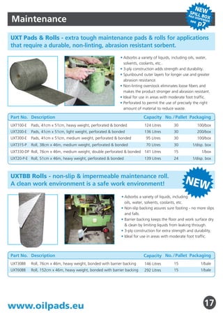 NEW
                                                                                                                                                                                                                            SPILL
                                                                                                                                                                                                                                      BOX
Oil Only                                                                                                              Maintenance
                                                                                                                                                                                                                            PAD
                                                                                                                                                                                                                                D  ISPE
                                                                                                                                                                                                                             see       NSER
                                                                                                                                                                                                                                    p7
SPC Pads - standard pads for industrial or marine use.                                                                UXT Pads & Rolls - extra tough maintenance pads & rolls for applications
Adsorb oil & petroleum based liquids.                                                                                 that require a durable, non-linting, abrasion resistant sorbent.
                                                           • SPC pads are now up to 25% stronger!
                                                                                                                                                                                   • Adsorbs a variety of liquids, including oils, water,
                                                           • Now with a smoother, better looking finish with less
                                                                                                                                                                                     solvents, coolants, etc..
                                                             lint and improved durability.
                                                                                                                                                                                   • 3-ply construction adds strength and durability.
                                                           • Packed in boxes for easy handling and storage.
                                                                                                                                                                                   • Spunbound outer layers for longer use and greater
                                                           • Convenient and cost effective pads for clean up of oil
                                                                                                                                                                                     abrasion resistance.
                                                             on land and water.
                                                                                                                                                                                   • Non-linting overstock eliminates loose fibers and
                                                           • Heavy weight for high adsorbency.
                                                                                                                                                                                     makes the product stronger and abrasion resistant.
                                                                                                                                                                                   • Ideal for use in areas with moderate foot traffic.
                                                                                                                                                                                   • Perforated to permit the use of precisely the right
                                                                                                                                                                                     amount of material to reduce waste.
Part No. Description                                                     Capacity No. / Pallet Packaging
                                                                                                                      Part No. Description                                                       Capacity No. / Pallet Packaging
SPC50-E    Pads, 84cm x 100cm, heavy weight, perforated & bonded          230 Litres        30             50/bale
                                                                                                                      UXT100-E   Pads, 41cm x 51cm, heavy weight, perforated & bonded            124 Litres        30               100/box
                                                                                                                      UXT200-E   Pads, 41cm x 51cm, light weight, perforated & bonded            136 Litres        30               200/box
                                                                                                                      UXT300-E   Pads, 41cm x 51cm, medium weight, perforated & bonded            95 Litres        30               100/box
                                                                                                                      UXT315-P   Roll, 38cm x 46m, medium weight, perforated & bonded             70 Litres        30         1/disp. box
                                                                                                                      UXT330-DP Roll, 76cm x 46m, medium weight, double perforated & bonded 141 Litres             15                 1/box
                                                                                                                      UXT20-P-E Roll, 51cm x 46m, heavy weight, perforated & bonded              139 Litres        24         1/disp. box
SPC Blue - oil only pads and rolls with added durability.
Adsorbs oil & petroleum based liquids.
                                                                                                                      UXTBB Rolls - non-slip & impermeable maintenance roll.
                                                           • One-Sided blue coverstock for added strength and         A clean work environment is a safe work environment!                                                NEW
                                                             less lint.
                                                           • Can be used as “wipe down” sorbent.
                                                                                                                                                                                   • Adsorbs a variety of liquids, including
                                                           • Popular sorbent in the paper industry where
                                                                                                                                                                                     oils, water, solvents, coolants, etc.
                                                             identification of foreign material in the production
                                                                                                                                                                                   • Non-slip backing assures sure footing - no more slips
                                                             process is critical - SPC Blue is highly visible.
                                                                                                                                                                                     and falls.
                                                                                                                                                                                   • Barrier backing keeps the floor and work surface dry
                                                                                                                                                                                     & clean by limiting liquids from leaking through.
                                                                                                                                                                                   • 3-ply construction for extra strength and durability.
                                                                                                                                                                                   • Ideal for use in areas with moderate foot traffic.
Part No. Description                                                     Capacity No. / Pallet Packaging
SPC105-E   Pads, 41 x 51cm, heavy weight, perforated & bonded             121 Litres        30           100/bale
SPC155     Roll, 96cm x 44m, heavy weight & bonded                        244 Litres        16              1/bale    Part No. Description                                                       Capacity No. / Pallet Packaging
SPC155-2P Roll, 48cm x 44m, heavy weight, perforated & bonded             244 Litres        16              2/bale    UXT30BB    Roll, 76cm x 46m, heavy weight, bonded with barrier backing     146 Litres        15                1/bale
                                                                                                                      UXT60BB    Roll, 152cm x 46m, heavy weight, bonded with barrier backing    292 Litres        15                1/bale




4                                                                      www.oilpads.eu                                 www.oilpads.eu                                                                                                      17
 