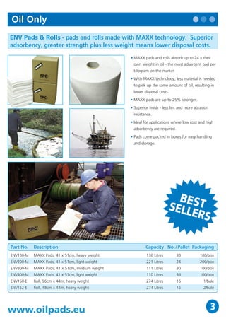 Maintenance                                                                                                                      Oil Only
BattleMat Rolls - tough cover layer hides leaks and drips for longer                                                             ENV Pads & Rolls - pads and rolls made with MAXX technology. Superior
use, offers sure footing and is ideal for areas with moderate foot traffic.                                                      adsorbency, greater strength plus less weight means lower disposal costs.

                                                                   • Adsorbs spills & leaks of any liquid: oils, coolants,                                                        • MAXX pads and rolls absorb up to 24 x their
                                                                     water, solvents, etc.                                                                                         own weight in oil - the most adsorbent pad per
                                                                   • Camouflage pattern hides dirt and reduces                                                                     kilogram on the market
                                                                     premature replacement.
                                                                                                                                                                                  • With MAXX technology, less material is needed
                                                                   • Durable, abrasion resistant top layer stands up to
                                                                     moderate foot traffic                                                                                         to pick up the same amount of oil, resulting in
                                                                   • Ideal for use in walkways, production & machine                                                               lower disposal costs.
                                                                     areas,under assembly lines, etc.                                                                             • MAXX pads are up to 25% stronger.
                                                                   • Perforated for maximum flexibility and minimum waste.
                                                                                                                                                                                  • Superior finish - less lint and more abrasion
                                                                                                                                                                                   resistance.
Part No. Description                                                             Capacity No. / Pallet Packaging
                                                                                                                                                                                  • Ideal for applications where low cost and high
BM15-E     Roll, 38cm x 46m, heavy weight, double perforated & bonded              99 Litres        30          1/disp.box                                                         adsorbency are required.
BM30-E     Roll, 76cm x 46m, heavy weight, double perforated & bonded            197 Litres         15               1/box
                                                                                                                                                                                  • Pads come packed in boxes for easy handling
BM30X-E    Roll, 76cm x 46m, heavy weight & bonded                               197 Litres         15               1/box
                                                                                                                                                                                   and storage.




                                                                                                         NEW
Comfort Spill Mat - the adsorbing anti-fatigue mat.
A combination of adsorbent matting fitted inside an anti-fatigue mat.

                                                                    • Provides buoyancy for basic fatigue relief.                                                                                          BEST
                                                                    • Silicone free allowing it to be used in vehicle painting
                                                                                                                                                                                                         SELL
                                                                      facilities.
                                                                    • High quality nitrile rubber makes the mat oil resistant.
                                                                                                                                                                                                              ERS
                                                                    • Rough surface allows sorbent to “grip” anti-fatigue mat.
                                                                    • Allows you to keep workers safe while protecting
                                                                      floor from oils and other liquids.


                                                                                                                                 Part No.   Description                                    Capacity No. / Pallet Packaging
                                                                                                                                 ENV100-M   MAXX Pads, 41 x 51cm, heavy weight             136 Litres         30           100/box
Part No.     Description                                                         Capacity No. / Pallet Packaging
                                                                                                                                 ENV200-M   MAXX Pads, 41 x 51cm, light weight             221 Litres         24           200/box
SA-AFA       Kit (1 absorbent roll, 76cm x 46m, perforated every 76cm;           187 Litres         15             50/bale       ENV300-M   MAXX Pads, 41 x 51cm, medium weight            111 Litres         30           100/box
             1 anti-fatigue mat, 82cm x 152cm)                                                                                   ENV400-M   MAXX Pads, 41 x 51cm, light weight             110 Litres         36           100/box
MRO32-P-B-E Roll, 76cm x 46m, perforated every 76cm -                            187 Litres         15             25/bale       ENV150-E   Roll, 96cm x 44m, heavy weight                 274 Litres         16              1/bale
             to be used as refill for SA-AFA                                                                                     ENV152-E   Roll, 48cm x 44m, heavy weight                 274 Litres         16              2/bale




18                                                                           www.oilpads.eu                                      www.oilpads.eu                                                                                     3
 