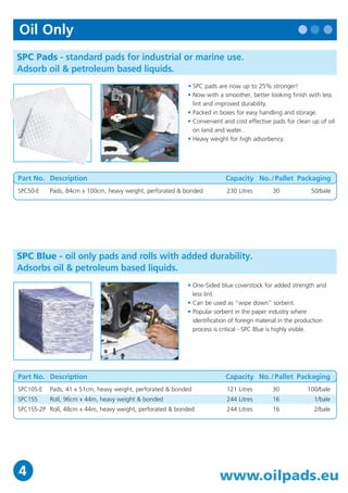 NEW
                                                                                                                                                                                                                            SPILL
                                                                                                                                                                                                                                      BOX
Oil Only                                                                                                              Maintenance
                                                                                                                                                                                                                            PAD
                                                                                                                                                                                                                                D  ISPE
                                                                                                                                                                                                                             see       NSER
                                                                                                                                                                                                                                    p7
SPC Pads - standard pads for industrial or marine use.                                                                UXT Pads & Rolls - extra tough maintenance pads & rolls for applications
Adsorb oil & petroleum based liquids.                                                                                 that require a durable, non-linting, abrasion resistant sorbent.
                                                           • SPC pads are now up to 25% stronger!
                                                                                                                                                                                   • Adsorbs a variety of liquids, including oils, water,
                                                           • Now with a smoother, better looking finish with less
                                                                                                                                                                                     solvents, coolants, etc..
                                                             lint and improved durability.
                                                                                                                                                                                   • 3-ply construction adds strength and durability.
                                                           • Packed in boxes for easy handling and storage.
                                                                                                                                                                                   • Spunbound outer layers for longer use and greater
                                                           • Convenient and cost effective pads for clean up of oil
                                                                                                                                                                                     abrasion resistance.
                                                             on land and water.
                                                                                                                                                                                   • Non-linting overstock eliminates loose fibers and
                                                           • Heavy weight for high adsorbency.
                                                                                                                                                                                     makes the product stronger and abrasion resistant.
                                                                                                                                                                                   • Ideal for use in areas with moderate foot traffic.
                                                                                                                                                                                   • Perforated to permit the use of precisely the right
                                                                                                                                                                                     amount of material to reduce waste.
Part No. Description                                                     Capacity No. / Pallet Packaging
                                                                                                                      Part No. Description                                                       Capacity No. / Pallet Packaging
SPC50-E    Pads, 84cm x 100cm, heavy weight, perforated & bonded          230 Litres        30             50/bale
                                                                                                                      UXT100-E   Pads, 41cm x 51cm, heavy weight, perforated & bonded            124 Litres        30               100/box
                                                                                                                      UXT200-E   Pads, 41cm x 51cm, light weight, perforated & bonded            136 Litres        30               200/box
                                                                                                                      UXT300-E   Pads, 41cm x 51cm, medium weight, perforated & bonded            95 Litres        30               100/box
                                                                                                                      UXT315-P   Roll, 38cm x 46m, medium weight, perforated & bonded             70 Litres        30         1/disp. box
                                                                                                                      UXT330-DP Roll, 76cm x 46m, medium weight, double perforated & bonded 141 Litres             15                 1/box
                                                                                                                      UXT20-P-E Roll, 51cm x 46m, heavy weight, perforated & bonded              139 Litres        24         1/disp. box
SPC Blue - oil only pads and rolls with added durability.
Adsorbs oil & petroleum based liquids.
                                                                                                                      UXTBB Rolls - non-slip & impermeable maintenance roll.
                                                           • One-Sided blue coverstock for added strength and         A clean work environment is a safe work environment!                                                NEW
                                                             less lint.
                                                           • Can be used as “wipe down” sorbent.
                                                                                                                                                                                   • Adsorbs a variety of liquids, including
                                                           • Popular sorbent in the paper industry where
                                                                                                                                                                                     oils, water, solvents, coolants, etc.
                                                             identification of foreign material in the production
                                                                                                                                                                                   • Non-slip backing assures sure footing - no more slips
                                                             process is critical - SPC Blue is highly visible.
                                                                                                                                                                                     and falls.
                                                                                                                                                                                   • Barrier backing keeps the floor and work surface dry
                                                                                                                                                                                     & clean by limiting liquids from leaking through.
                                                                                                                                                                                   • 3-ply construction for extra strength and durability.
                                                                                                                                                                                   • Ideal for use in areas with moderate foot traffic.
Part No. Description                                                     Capacity No. / Pallet Packaging
SPC105-E   Pads, 41 x 51cm, heavy weight, perforated & bonded             121 Litres        30           100/bale
SPC155     Roll, 96cm x 44m, heavy weight & bonded                        244 Litres        16              1/bale    Part No. Description                                                       Capacity No. / Pallet Packaging
SPC155-2P Roll, 48cm x 44m, heavy weight, perforated & bonded             244 Litres        16              2/bale    UXT30BB    Roll, 76cm x 46m, heavy weight, bonded with barrier backing     146 Litres        15                1/bale
                                                                                                                      UXT60BB    Roll, 152cm x 46m, heavy weight, bonded with barrier backing    292 Litres        15                1/bale




4                                                                      www.oilpads.eu                                 www.oilpads.eu                                                                                                      17
 