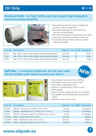 NEW
Hazardous Liquids                                                                                            SPILL
                                                                                                            PAD
                                                                                                                D     BOX
                                                                                                                   ISPE
                                                                                                                       NSER
                                                                                                                                Oil Only
                                                                                                             see
                                                                                                                    p7
Pads & Rolls - for use when chemicals and hazardous liquids are                                                                 Trackmat Rolls - for high traffic areas that require high absorption
involved. Adsorbs a wide range of liquids, including acids and caustics.                                                        and outstanding durability.
                                                                • Chemically inert product - does not degrade or cause                                                                          • Heavy duty top layer for maximum strength and
                                                                  a dangerous chemical reaction with the adsorbed                                                                                 durability - ideal for heavy traffic.
                                                                  liquid.                                                                                                                       • Non-slip backing keeps the mat in place for a
                                                                • Green colour alerts workers that product is being used                                                                          slip- free work environment.
                                                                  for hazardous liquids.                                                                                                        • Barrier film limits liquid from penetrating to the floor.
                                                                • Green colour also allows the user to identify and                                                                             • Grey colour masks drips and spills for longer use.
                                                                  separate hazardous waste for disposal, resulting in                                                                           • UV resistant top layer makes it ideal for use both
                                                                  lower disposal costs.                                                                                                           indoors and outdoors.
                                                                • Rolls perforated for flexibility - tear at the perforations
                                                                  for smaller sized pads to use only what you need.

Part No.     Description                                                     Capacity No. / Pallet Packaging                    Part No. Description                                                          Capacity No. / Pallet Packaging
UN100-E      Pads, 41 x 51cm, medium weight, perforated & bonded               88 Litres        36             100/box          TM19       Mat, 48cm x 24.4m, heavy weight, barrier backed & bonded            135 Litres        18               2/bale
UN1212-E     Pads, 30 x 30cm, medium weight, bonded (4 bags of 50 pads)        76 Litres        36             200/box          TM29       Mat, 74cm x 24.4m, heavy weight, barrier backed & bonded            104 Litres        20               1/bale
UN15-2DP-E Roll, 38cm x 46m, medium weight, double perforated & bonded        147 Litres        15                  2/box       TM58       Mat,147cm x 24.4m, heavy weight, barrier backed & bonded            207 Litres        12               1/bale
UN15-DP-E    Roll, 38cm x 46m, medium weight, double perforated & bonded       73 Litres        30           1/disp.box
UN15-DPS-E Roll, 38cm x 22m, medium weight, double perforated & bonded         35 Litres        54           1/disp.box
UN30-DP-E    Roll, 76cm x 46m, medium weight, double perforated & bonded      147 Litres        15                  1/box

                                                                                                                                Spill Box - a convenient dispenser box for your pads.                                                  NEW
                                                                                                                                Create multiple spill stations around your plant!
Socs - chemical resistant Socs for confining and preventing hazardous
spills from spreading.                                                                                                                                                                       • Reusable plastic box allows for easy refilling.
                                                                                                                                                                                             • Lightweight and easy to fix to any surface.
                                                               • Adsorbs chemicals, acids and bases.
                                                                                                                                                                                             • High visibility - bright yellow colour.
                                                               • Various lengths, allowing the right size for your
                                                                                                                                                                                             • Small size - fits behind driver’s seat on a truck.
                                                                 machine.
                                                                                                                                                                                             • Refills available.
                                                               • Flexible design allows the Soc to fit around any
                                                                                                                                                                                             • Visual instructions included for both use and refilling.
                                                                 machine, corner, curve or spill.
                                                                                                                                                                                             • Also available for both Maintenance and Hazardous
                                                                                                                                                                                               Liquids.
                                                                                                                                                                                             • Dimensions: 44cm x 53cm x 4cm


                                                                                                                                Part No. Description                                                          Capacity No. / Pallet Packaging
                                                                                                                                SA-SBO     Spill Box - Oil Only (inc 15 Pads, 41cm x 51cm)                      10 Litres                   15 pads/box
Part No.         Description                                                 Capacity No. / Pallet Packaging
                                                                                                                                SA-SBA     Spill Box - Maintenance (inc 15 Pads, 41cm x 51cm)                   10 Litres                   15 pads/box
HAZ412           Hazwik Socs, Ø 7.6cm x 122cm                                 45 Litres         30                 12/box       SA-SBH     Spill Box - Hazardous Liquids (inc 10 Pads, 41cm x 51cm)               9 Litres                  10 pads/box
HAZ806           Hazwik Socs, Ø 7.6cm x 244cm                                 48 Litres         30                  6/box       SXT200-E   Refills - Oil Only Pads, 41cm x 51cm                                136 Litres                       200/box
HAZ124           Hazwik Socs, Ø 7.6cm x 366cm                                 45 Litres         30                  4/box       UXT200-E   Refills - Maintenance Pads, 41cm x 51cm                             136 Litres                       200/box
                                                                                                                                UN100-E    Refills - Hazardous Liquids Pads, 41cm x 51cm                        88 Litres                       100/box



14                                                                         www.oilpads.eu                                       www.oilpads.eu                                                                                                        7
 