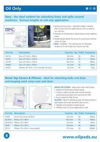 Oil Only                                                                                                                     Oil Only
Socs - the ideal sorbent for adsorbing leaks and spills around                                                               Mini Boom - non-adsorbent booms for containment of oil spills on water.
machines. Various lengths to suit any application.                                                                           The ideal solution for inland spills in small rivers & streams.

                                                               • Strong wicking action - adsorbtion begins instantly                                                                       • Compact size - easily deployed & handled by 1 person.
                                                                 after contact with the spilled liquid, with no need to                                                                    • Requires minimum storage space.
                                                                 turn the Soc.                                                                                                             • A great solution for fire brigades, first responders,
                                                               • Adsorbs oil and petroleum based liquids while repelling                                                                      water and road transport companies.
                                                                 water.                                                                                                                    • Light weight - ideal for remote and difficult to reach areas.
                                                               • Flexible design allows the Soc to fit around any machine,                                                                 • Encapsulated chain for added strength.
                                                                 corner or curve.                                                                                                          • PVC coated material for greater durability.
                                                               • NEW - FLEXISOC - the ultimate Soc for flexibility.                                                                        • Optional PVC carry bag to protect the boom during storage
                                                                 Simply cut to the length you require and clip.                                                                              and to facilitate transport.


Part No.         Description                                                  Capacity No. / Pallet Packaging
OIL124           Socs, Ø 7.6cm x 366cm                                           43 Litres       30              4/box       Part No.    Description                                                                   No. / Pallet Packaging
OIL412           Socs, Ø 7.6cm x 122cm                                           43 Litres       30             12/box       SPCMB-0525 Mini Boom - overall height 25cm (10cm float, 15cm skirt)                             12        7.5m section
OIL430           Socs, Ø 7.6cm x 122cm                                          106 Litres       25             30/box       SPCMB-BAG Carry Bag for Mini Boom (holds 1)                                                     60
OIL806           Socs, Ø 7.6cm x 244cm                                            43 Litres      30              6/box
OIL561           Flexisoc, Ø 7.6cm x 17m (includes 30 clips)                      49 Litres      40              1/box


                                                                                                                             Oil Spill Response Junior Boom - a larger abrasion and weather
                                                                                                                             resistant containment boom. Great for water with light currents.
Drum Top Covers & Pillows - ideal for adsorbing leaks and drips
and keeping work areas neat and clean.                                                                                                                                                    • Aluminium ASTM connectors for linking of multiple
                                                                                                                                                                                            sections.
                                                                DRUM TOP COVERS - Keeps drum tops neat & clean.                                                                           • Anchor rings at ends allow for towing and
                                                                • Adsorbs oil & petroleum based liquids.                                                                                    anchoring.
                                                                • Creates a clean and safe work environment by                                                                            • Ergonomic handles facilitate the linking of ASTM
                                                                   preventing pump drips from reaching the floor.                                                                           connectors.
                                                                • Pre-cut holes for 205L Drums.                                                                                           • Optional Bulk Head Riser allows boom to move
                                                                PILLOWS - Ideal for adsorbing spills and leaking fluids in                                                                  with waves and tide.
                                                                tight spaces and under persistent drip sources.                                                                           • Encapsulated chain for added strength.
                                                                • Adsorbs oil & petroleum based liquids.                                                                                  • PVC coated material for greater durability.
                                                                • Different sizes to fit any application or spill.                                                                        • Ideal for repeated use.


Part No. Description                                                          Capacity No. / Pallet Packaging                Part No.    Description                                                                   No. / Pallet Packaging

DT025      Drum Top Covers, Ø 56cm                                               26 Litres       50             25/box       SPCJR-1210 Junior Boom - overall height 45cm (15cm float, 30cm skirt)                            6         30m section

OIL1818    Pillows, 43 x 48cm                                                  105 Litres        20             16/box       SPCJR-1205 Junior Boom - overall height 45cm (15cm float, 30cm skirt)                           12         15m section

OIL1818-2 Pillows, 43 x 48cm                                                     53 Litres       40              8/box
OIL99      Pillows, 25 x 25cm                                                    58 Litres       40             32/box
SPC10      Pillows, 36 x 64cm, heavy weight                                     197 Litres       10             10/bale



8                                                                          www.oilpads.eu                                    www.oilpads.eu                                                                                                      13
 