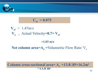 22
Csb = 0.075
Vnf = 1.47m/s
Vn = Actual Velocity=0.7× Vnf
=1.03 m/s
Net column area=An =Volumetric Flow Rate/ Vn
=(14.2m3
/s ) / (1.03 m/s )
=13.8 m2
Column cross-sectional area= Ac =13.8/.85=16.2m2
 