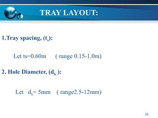 Let ts=0.60m ( range 0.15-1.0m)
1.Tray spacing, (ts):
25
Let dh= 5mm ( range2.5-12mm)
2. Hole Diameter, (dh ):
TRAY LAYOUT:
 
