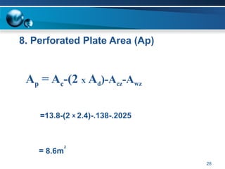 Ap = Ac-(2 X Ad)-Acz-Awz
=13.8-(2 x 2.4)-.138-.2025
= 8.6m
2
8. Perforated Plate Area (Ap)
28
 
