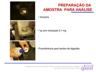 PREPARAÇÃO DA
AMOSTRA PARA ANÁLISE
• 1g com resolução 0,1 mg
•Transferência para becker de digestão
• Amostra
TÉCNICAS DE CARACTERIZAÇÃO FÍSICA E QUÍMICA DE MATERIAIS –TNM5811
Espectroscopia de Absorção Atômica
 