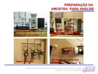 • Gases UtilizadosGases Utilizados
• Absorção Atômica –Absorção Atômica –
Atomização com ChamaAtomização com Chama
• AA – Vista Frontal comAA – Vista Frontal com
compartimento de lâmpadascompartimento de lâmpadas
abertoaberto
• Lâmpadas de Catôdo OcoLâmpadas de Catôdo Oco
de Zincode Zinco
TÉCNICAS DE CARACTERIZAÇÃO FÍSICA E QUÍMICA DE MATERIAIS –TNM5811
Espectroscopia de Absorção Atômica
PREPARAÇÃO DA
AMOSTRA PARA ANÁLISE
 