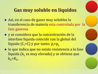 Gas muy soluble en líquidos
   Así, en el caso de gases muy solubles la
    transferencia de materia esta controlada por la
    fase gaseosa
   y se considera que la concentración de la
    interfase líquida coincide con la global del
    líquido (Ci=C) y por tanto: pi=pe
   lo que indica que no existe resistencia a la fase
    líquida (kL es muy elevada) y se obtiene que
    kG=KG.
 