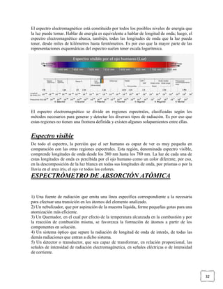 El espectro electromagnético está constituido por todos los posibles niveles de energía que
la luz puede tomar. Hablar de energía es equivalente a hablar de longitud de onda; luego, el
espectro electromagnético abarca, también, todas las longitudes de onda que la luz pueda
tener, desde miles de kilómetros hasta femtómetros. Es por eso que la mayor parte de las
representaciones esquemáticas del espectro suelen tener escala logarítmica.




El espectro electromagnético se divide en regiones espectrales, clasificadas según los
métodos necesarios para generar y detectar los diversos tipos de radiación. Es por eso que
estas regiones no tienen una frontera definida y existen algunos solapamientos entre ellas.


Espectro visible
De todo el espectro, la porción que el ser humano es capaz de ver es muy pequeña en
comparación con las otras regiones espectrales. Esta región, denominada espectro visible,
comprende longitudes de onda desde los 380 nm hasta los 780 nm. La luz de cada una de
estas longitudes de onda es percibida por el ojo humano como un color diferente, por eso,
en la descomposición de la luz blanca en todas sus longitudes de onda, por prismas o por la
lluvia en el arco iris, el ojo ve todos los colores.
ESPECTRÓMETRO DE ABSORCIÓN ATÓMICA


1) Una fuente de radiación que emita una línea específica correspondiente a la necesaria
para efectuar una transición en los átomos del elemento analizado.
2) Un nebulizador, que por aspiración de la muestra líquida, forme pequeñas gotas para una
atomización más eficiente.
3) Un Quemador, en el cual por efecto de la temperatura alcanzada en la combustión y por
la reacción de combustión misma, se favorezca la formación de átomos a partir de los
componentes en solución.
4) Un sistema óptico que separe la radiación de longitud de onda de interés, de todas las
demás radiaciones que entran a dicho sistema.
5) Un detector o transductor, que sea capaz de transformar, en relación proporcional, las
señales de intensidad de radiación electromagénetica, en señales eléctricas o de intensidad
de corriente.




                                                                                               32
 