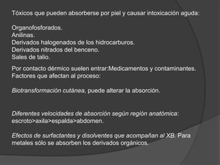 Tóxicos que pueden absorberse por piel y causar intoxicación aguda:
Organofosforados.
Anilinas.
Derivados halogenados de los hidrocarburos.
Derivados nitrados del benceno.
Sales de talio.
Por contacto dérmico suelen entrar:Medicamentos y contaminantes.
Factores que afectan al proceso:
Biotransformación cutánea, puede alterar la absorción.
Diferentes velocidades de absorción según región anatómica:
escroto>axila>espalda>abdomen.
Efectos de surfactantes y disolventes que acompañan al XB. Para
metales sólo se absorben los derivados orgánicos.
 