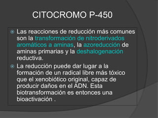CITOCROMO P-450
 Las reacciones de reducción más comunes
son la transformación de nitroderivados
aromáticos a aminas, la ...