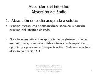 Absorción del intestino
Absorción del Sodio
1. Absorción de sodio acoplada a soluto:
• Principal mecanismo de absorción de sodio en la porción
proximal del intestino delgado
• El sodio acompaña el transporte tanto de glucosa como de
aminoácidos que son absorbidos a través de la superficie
epitelial por proceso de transporte activo. Cada uno acoplado
al sodio en relación 1:1
Benguigui Y, Figueroa D, Bernal Parra C.
Manual de tratamiento de la diarrea en
niños. Washington: OPS (Organizacion
Panamericana de la Salud); 2008.
10
 