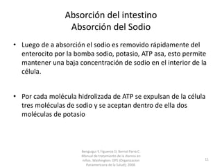 Absorción del intestino
Absorción del Sodio
• Luego de a absorción el sodio es removido rápidamente del
enterocito por la bomba sodio, potasio, ATP asa, esto permite
mantener una baja concentración de sodio en el interior de la
célula.
• Por cada molécula hidrolizada de ATP se expulsan de la célula
tres moléculas de sodio y se aceptan dentro de ella dos
moléculas de potasio
Benguigui Y, Figueroa D, Bernal Parra C.
Manual de tratamiento de la diarrea en
niños. Washington: OPS (Organizacion
Panamericana de la Salud); 2008.
11
 