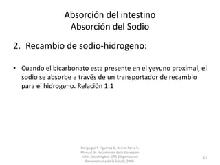 Absorción del intestino
Absorción del Sodio
2. Recambio de sodio-hidrogeno:
• Cuando el bicarbonato esta presente en el yeyuno proximal, el
sodio se absorbe a través de un transportador de recambio
para el hidrogeno. Relación 1:1
Benguigui Y, Figueroa D, Bernal Parra C.
Manual de tratamiento de la diarrea en
niños. Washington: OPS (Organizacion
Panamericana de la Salud); 2008.
13
 