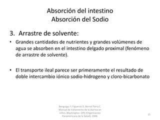 Absorción del intestino
Absorción del Sodio
3. Arrastre de solvente:
• Grandes cantidades de nutrientes y grandes volúmenes de
agua se absorben en el intestino delgado proximal (fenómeno
de arrastre de solvente).
• El transporte ileal parece ser primeramente el resultado de
doble intercambio iónico sodio-hidrogeno y cloro-bicarbonato
Benguigui Y, Figueroa D, Bernal Parra C.
Manual de tratamiento de la diarrea en
niños. Washington: OPS (Organizacion
Panamericana de la Salud); 2008.
15
 