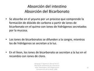 Absorción del intestino
Absorción del Bicarbonato
• Se absorbe en el yeyuno por un proceso que comprende la
formación de dióxido de carbono a partir de iones de
bicarbonato en el quimo con iones de hidrógenos secretados
por la mucosa.
• Los iones de bicarbonatos se difunden a la sangre, mientras
los de hidrógenos se secretan a la luz.
• En el íleon, los iones de bicarbonato se secretan a la luz en el
recambio con iones de cloro.
Benguigui Y, Figueroa D, Bernal Parra C.
Manual de tratamiento de la diarrea en
niños. Washington: OPS (Organizacion
Panamericana de la Salud); 2008.
24
 