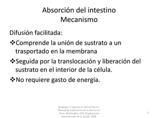 Absorción del intestino
Mecanismo
Difusión facilitada:
Comprende la unión de sustrato a un
trasportado en la membrana
Seguida por la translocación y liberación del
sustrato en el interior de la célula.
No requiere gasto de energía.
Benguigui Y, Figueroa D, Bernal Parra C.
Manual de tratamiento de la diarrea en
niños. Washington: OPS (Organizacion
Panamericana de la Salud); 2008.
3
 