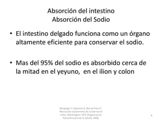 Absorción del intestino
Absorción del Sodio
• El intestino delgado funciona como un órgano
altamente eficiente para conservar el sodio.
• Mas del 95% del sodio es absorbido cerca de
la mitad en el yeyuno, en el ilion y colon
Benguigui Y, Figueroa D, Bernal Parra C.
Manual de tratamiento de la diarrea en
niños. Washington: OPS (Organizacion
Panamericana de la Salud); 2008.
8
 