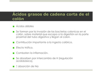 Ácidos grasos de cadena corta de el
colón
Ácidos débiles
Se forman por la invasión de las bacterias colonicas en el
colón, sobre material que escapa a la digestión en la parte
proximal del tubo digestivo y llegan al colon.
Contribución importante a la ingesta calórica.
Efecto trófico.
Combaten la inflamación.
Se absorben por intercambio de H (regulación
acidobásico).
↑ absorción de Na
 