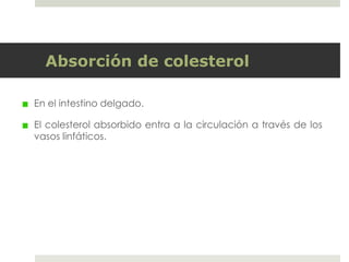 Absorción de colesterol
En el intestino delgado.
El colesterol absorbido entra a la circulación a través de los
vasos linfáticos.
 