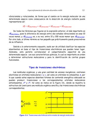 Espectrofotometría de absorción ultravioleta-visible

12

vibracionales y rotacionales, de forma que el cambio en la energía molecular de una
determinada especie como consecuencia de la absorción de energía radiante puede
representarse así:

∆E = ∆Eelectrónica + ∆Evibracional + ∆Erotacional + ∆Etraslacional
De todos los términos que figuran en la expresión anterior, el más importante es
∆Eelectrónica, pues la diferencia de energía entre dos estados vibracionales es unas 10
veces menos, y ∆Erotacional es, a su vez, entre 10 y 100 veces menor que ∆Evibracional.
Por otro lado, el último término es tan pequeño que prácticamente puede prescindirse
de su influencia.
Debido a lo anteriormente expuesto, suele ser de utilidad clasificar las especies
absorbentes en base al tipo de transiciones electrónicas que pueden tener lugar.
Asimismo, esto permite correlacionar el comportamiento espectral de una
determinada especie con sus características químicas, lo cual es importante en orden
a determinar estructuras moleculares y para la identificación de ciertos grupos
funcionales.

Tipos de transiciones electrónicas
Las moléculas orgánicas, y una gran cantidad de aniones inorgánicos, contienen
electrones en orbitales moleculares σ y π, así como en orbitales no enlazantes, n, por
lo que cuando estas especies absorben fotones de contenido energético adecuado se
pueden producir transiciones a los correspondientes orbitales moleculares
antienlazantes, σ* y π*, tal como se indica en la figura 3.6., donde se muestra la
estructura de Lewis para una molécula orgánica sencilla y las transiciones electrónicas
correspondientes.

σ*
π*

H
C
H

++
O+
+

σ
π
+n

n
π
σ

Figura 3.6. Transiciones electrónicas entre niveles de energía moleculares.

 