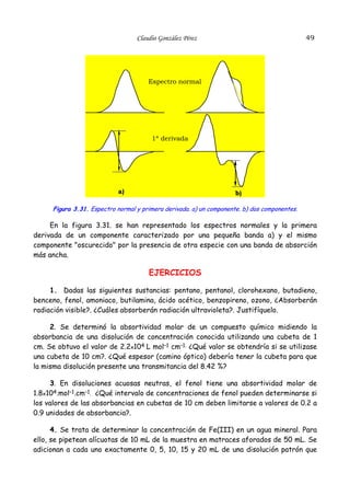 49

Claudio González Pérez

Espectro normal

1ª derivada

a)

b)

Figura 3.31. Espectro normal y primera derivada. a) un componente. b) dos componentes.

En la figura 3.31. se han representado los espectros normales y la primera
derivada de un componente caracterizado por una pequeña banda a) y el mismo
componente "oscurecido" por la presencia de otra especie con una banda de absorción
más ancha.

EJERCICIOS
1. Dadas las siguientes sustancias: pentano, pentanol, clorohexano, butadieno,
benceno, fenol, amoniaco, butilamina, ácido acético, benzopireno, ozono, ¿Absorberán
radiación visible?. ¿Cuáles absorberán radiación ultravioleta?. Justifíquelo.
2. Se determinó la absortividad molar de un compuesto químico midiendo la
absorbancia de una disolución de concentración conocida utilizando una cubeta de 1
cm. Se obtuvo el valor de 2.2x104 L mol–1 cm–1. ¿Qué valor se obtendría si se utilizase
una cubeta de 10 cm?. ¿Qué espesor (camino óptico) debería tener la cubeta para que
la misma disolución presente una transmitancia del 8.42 %?
3. En disoluciones acuosas neutras, el fenol tiene una absortividad molar de
1.8x104.mol–1.cm–1. ¿Qué intervalo de concentraciones de fenol pueden determinarse si
los valores de las absorbancias en cubetas de 10 cm deben limitarse a valores de 0.2 a
0.9 unidades de absorbancia?.
4. Se trata de determinar la concentración de Fe(III) en un agua mineral. Para
ello, se pipetean alícuotas de 10 mL de la muestra en matraces aforados de 50 mL. Se
adicionan a cada uno exactamente 0, 5, 10, 15 y 20 mL de una disolución patrón que

 