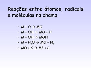 Reações entre átomos, radicais
e moléculas na chama

   • M + O  MO
   • M + OH  MO + H
   • M + OH  MOH
   • M + H2O  MO + H2
   • MO + C  M* + C
 