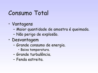 Consumo Total
• Vantagens
  – Maior quantidade de amostra é queimada.
  – Não perigo de explosão.
• Desvantagem
  – Grande consumo de energia.
    • Baixa temperatura.
  – Grande turbulência.
  – Fenda estreita.
 