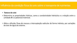 • Textura do solo
• Determina as propriedades hídricas, como a condutividade hidráulica e a relação entre a
umidade 𝜽 e o potencial matricial.
• Afeta a difusão, fluxo de massas e interceptação radicular de forma indireta, por variações
do teor de água do sistema.
Influência da condição física do solo sobre o transporte de nutrientes
 