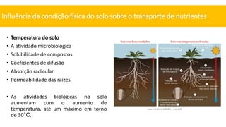 • Temperatura do solo
• A atividade microbiológica
• Solubilidade de compostos
• Coeficientes de difusão
• Absorção radicular
• Permeabilidade das raízes
• As atividades biológicas no solo
aumentam com o aumento de
temperatura, até um máximo em torno
de 30°C.
Influência da condição física do solo sobre o transporte de nutrientes
Fonte: CALLEJA-CABRERO, J. et al., 2020
 