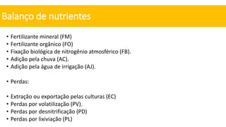 • Fertilizante mineral (FM)
• Fertilizante orgânico (FO)
• Fixação biológica de nitrogênio atmosférico (FB).
• Adição pela chuva (AC).
• Adição pela água de irrigação (AJ).
• Perdas:
• Extração ou exportação pelas culturas (EC)
• Perdas por volatilização (PV).
• Perdas por desnitrificação (PD)
• Perdas por lixiviação (PL)
Balanço de nutrientes
 