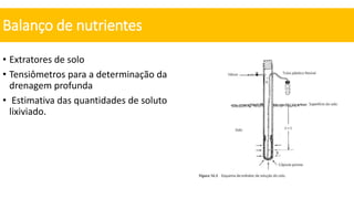 • Extratores de solo
• Tensiômetros para a determinação da
drenagem profunda
• Estimativa das quantidades de soluto
lixiviado.
Balanço de nutrientes
 