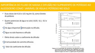 IMPORTÂNCIA DO FLUXO DE MASSA E DIFUSÃO NO SUPRIMENTO DE POTÁSSIO AO
ALGODOEIRO COMO VARIÁVEL DE ÁGUA E POTÁSSIO NO SOLO
• Duas doses de K (15 e 121 mg dm-3), como Cloreto
de potássio
• Quatro potenciais de água no solo (-0,03; -0,1; -0,5 e
-1,0 MPa).
• Da água disponível diminuição na difusão.
• Água no solo favorece a difusão
• Efeito direto sobre o coeficiente de difusão
• A tortuosidade do caminho difusivo.
• Valor do coeficiente de difusão
 