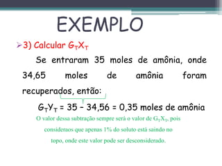 3) Calcular GTXT
Se entraram 35 moles de amônia, onde
34,65 moles de amônia foram
recuperados, então:
GTYT = 35 – 34,56 = 0,35 moles de amônia
EXEMPLO
O valor dessa subtração sempre será o valor de GTXT, pois
consideraos que apenas 1% do soluto está saindo no
topo, onde este valor pode ser desconsiderado.
 