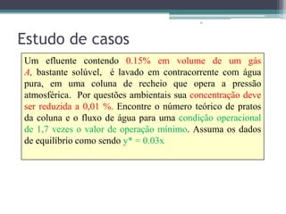 Lição12:
Absorçãoe
Stripping
21
Estudo de casos
Um efluente contendo 0.15% em volume de um gás
A, bastante solúvel, é lavado em contracorrente com água
pura, em uma coluna de recheio que opera a pressão
atmosférica. Por questões ambientais sua concentração deve
ser reduzida a 0,01 %. Encontre o número teórico de pratos
da coluna e o fluxo de água para uma condição operacional
de 1,7 vezes o valor de operação mínimo. Assuma os dados
de equilíbrio como sendo y* = 0.03x
 
