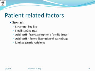Patient related factors
 Stomach
 Structure- bag like
 Small surface area
 Acidic pH- favors absorption of acidic drugs
 Acidic pH – favors dissolution of basic drugs
 Limited gastric residence
76Absorption of Drug4/13/2018
 