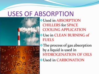 USES OF ABSORPTION
Used in ABSORPTION
CHILLERS for SPACE
COOLING APPLICATION
Use in CLEAN BURNING of
FUELS
The process of gas absorption
by a liquid is used in
HYDROGENATION OF OILS
Used in CARBONATION
 