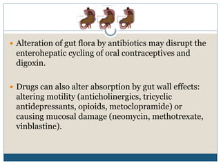  Alteration of gut flora by antibiotics may disrupt the
enterohepatic cycling of oral contraceptives and
digoxin.
 Drugs can also alter absorption by gut wall effects:
altering motility (anticholinergics, tricyclic
antidepressants, opioids, metoclopramide) or
causing mucosal damage (neomycin, methotrexate,
vinblastine).
 