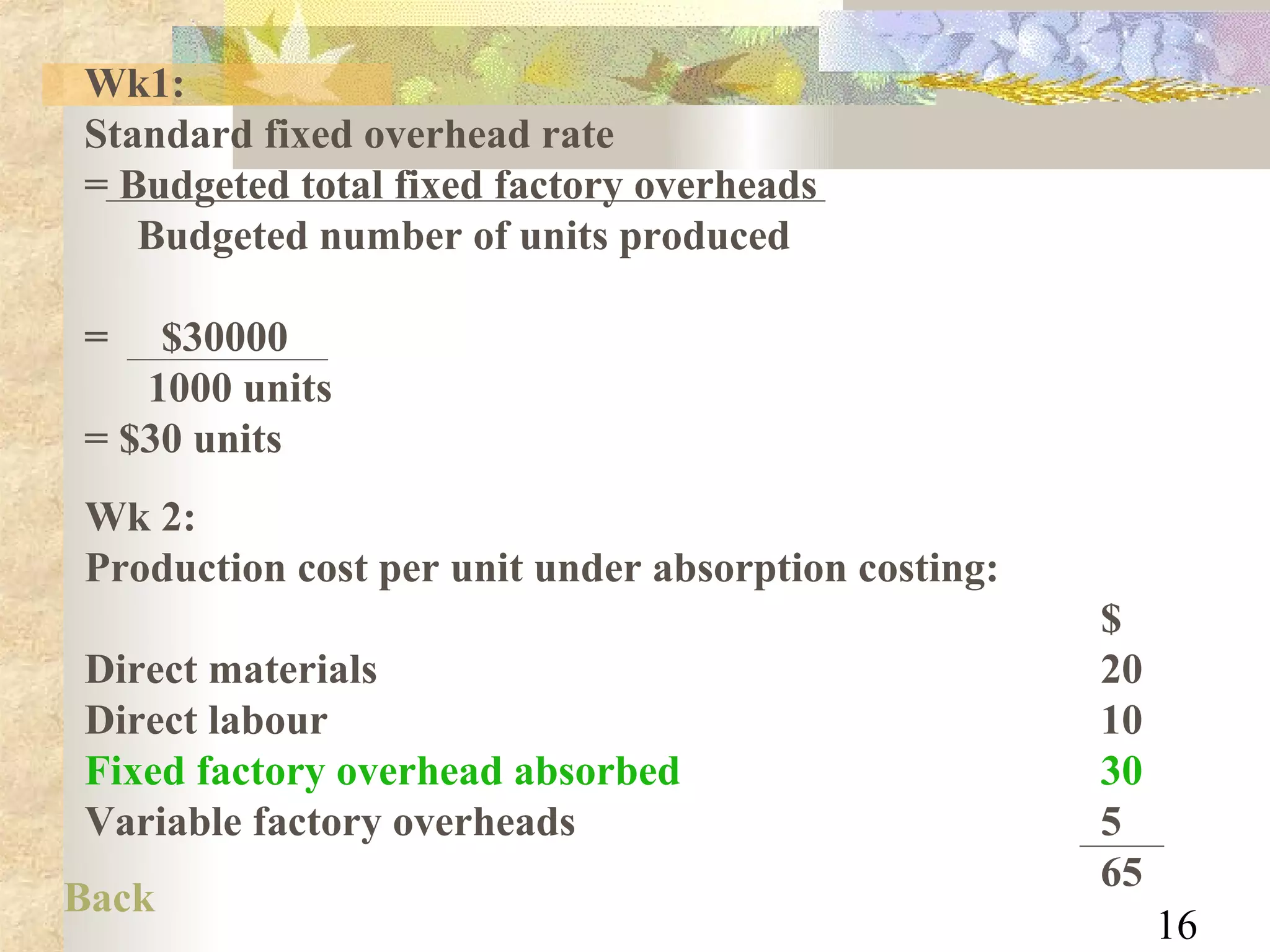Wk1:
Standard fixed overhead rate
= Budgeted total fixed factory overheads
   Budgeted number of units produced

=   $30000
   1000 units
= $30 units
Wk 2:
Production cost per unit under absorption costing:
                                                     $
Direct materials                                     20
Direct labour                                        10
Fixed factory overhead absorbed                      30
Variable factory overheads                           5
                                                     65
Back
                                                          16
 